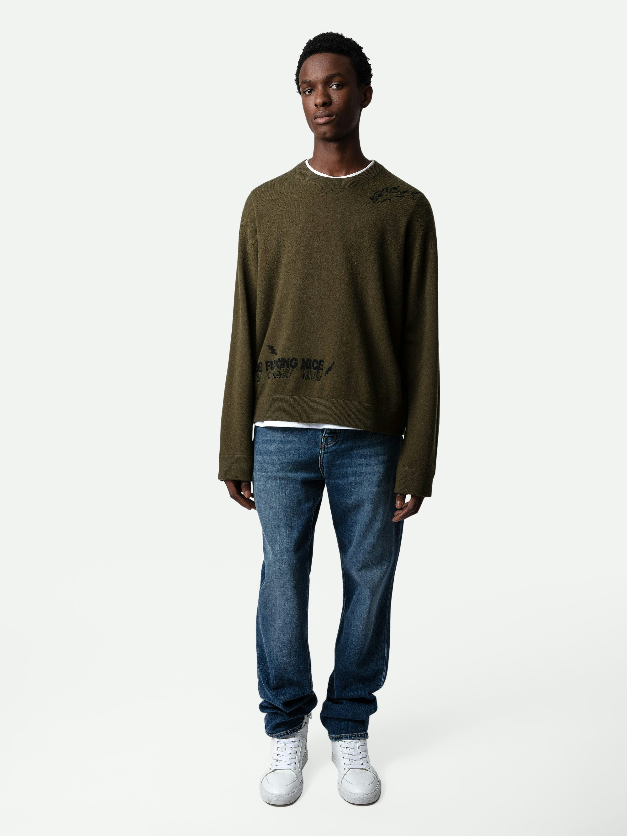 Marko Jumper - Khaki wool and cashmere long-sleeved jumper with graffiti motifs and slogans.